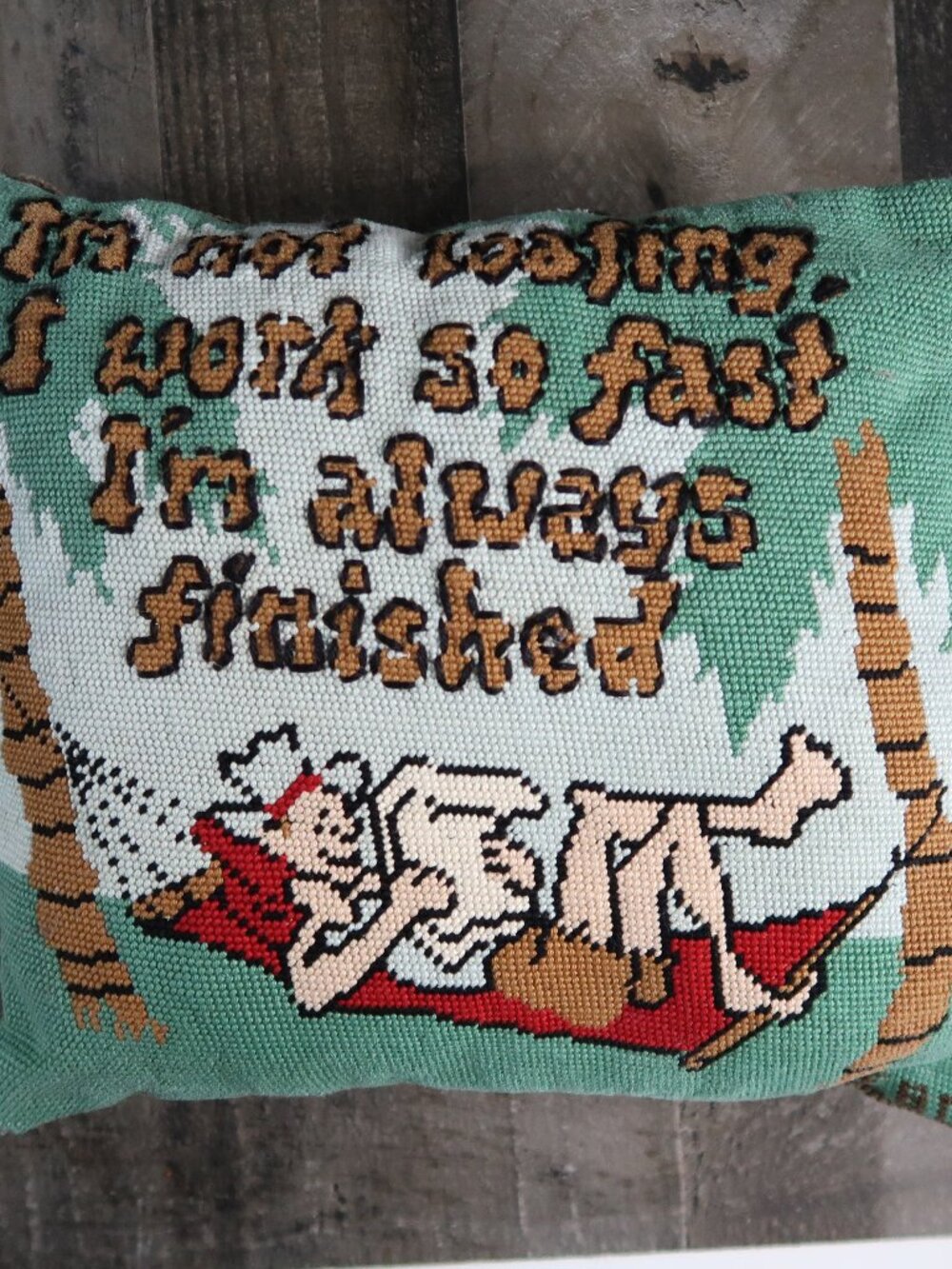 Needlepoint & Corduroy Accent Pillow Man on Hammock Humor Vintage Novelty